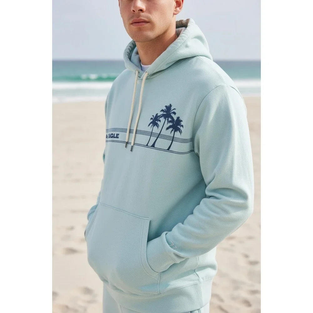 Vtg American Eagle Bonfire Hoodie M Seafoam Palm Tree‎ Graphic Y2K Pullover